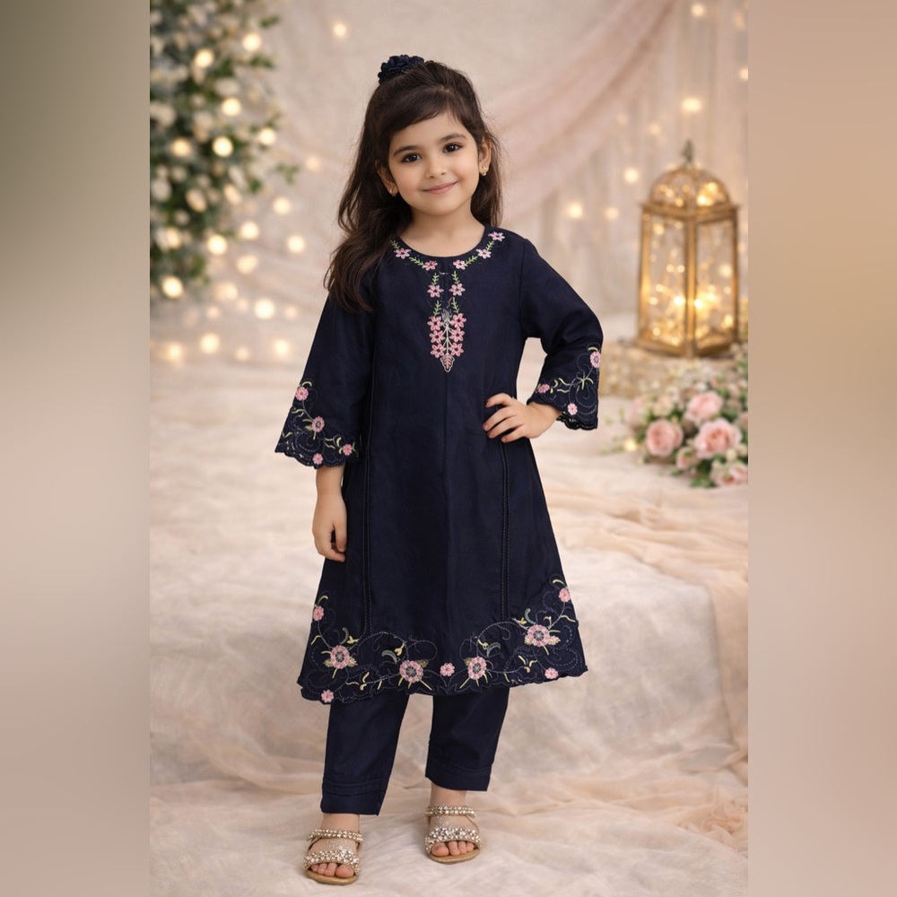 Girls Black Embroidered Pakistani Kurta Set | Eid Outfit | Size 4–5 | Ready to S